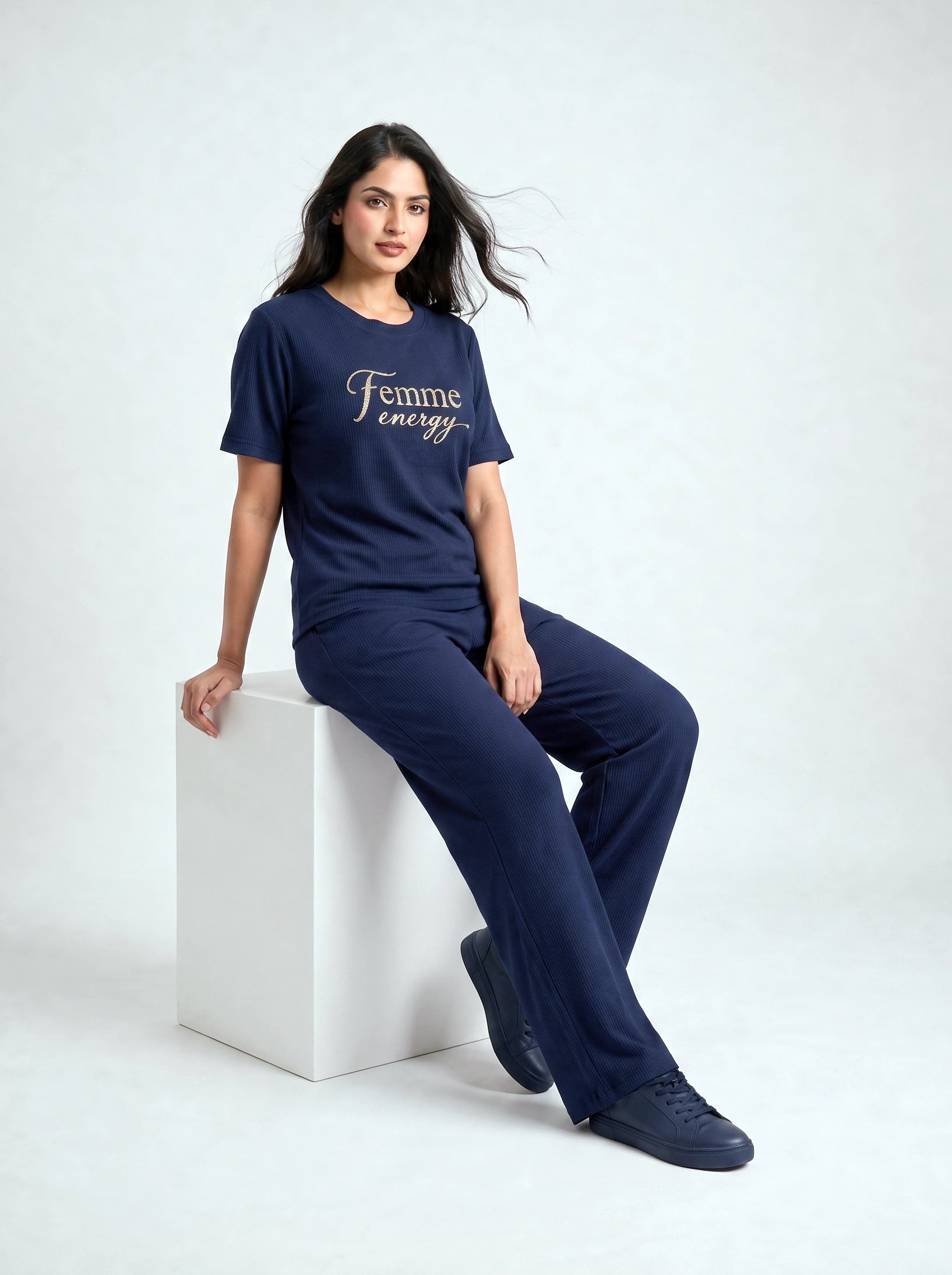 Femme Energy Navy Cotton Rib Female Outfit set