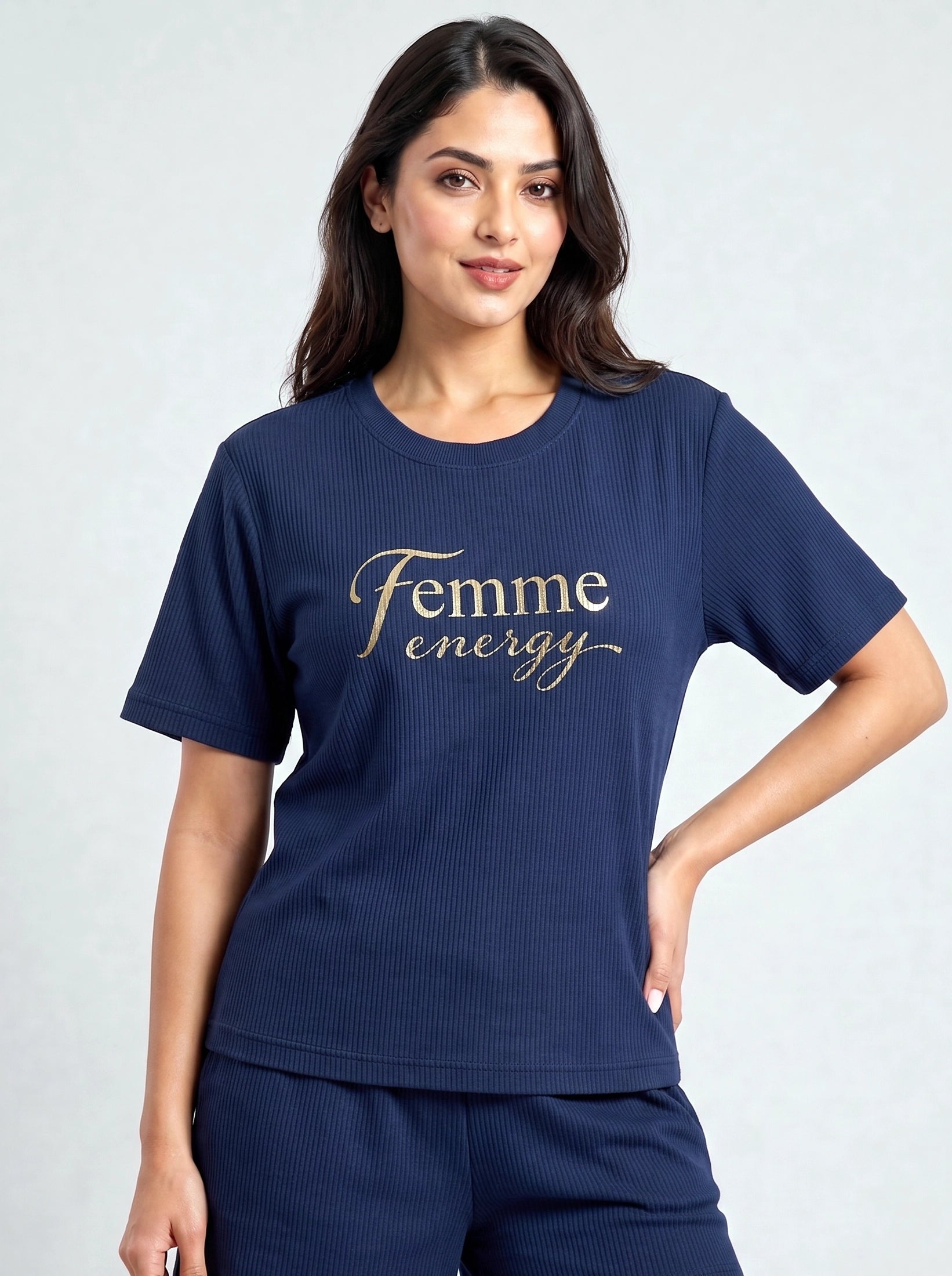Femme Energy Navy Cotton Rib Female Outfit set