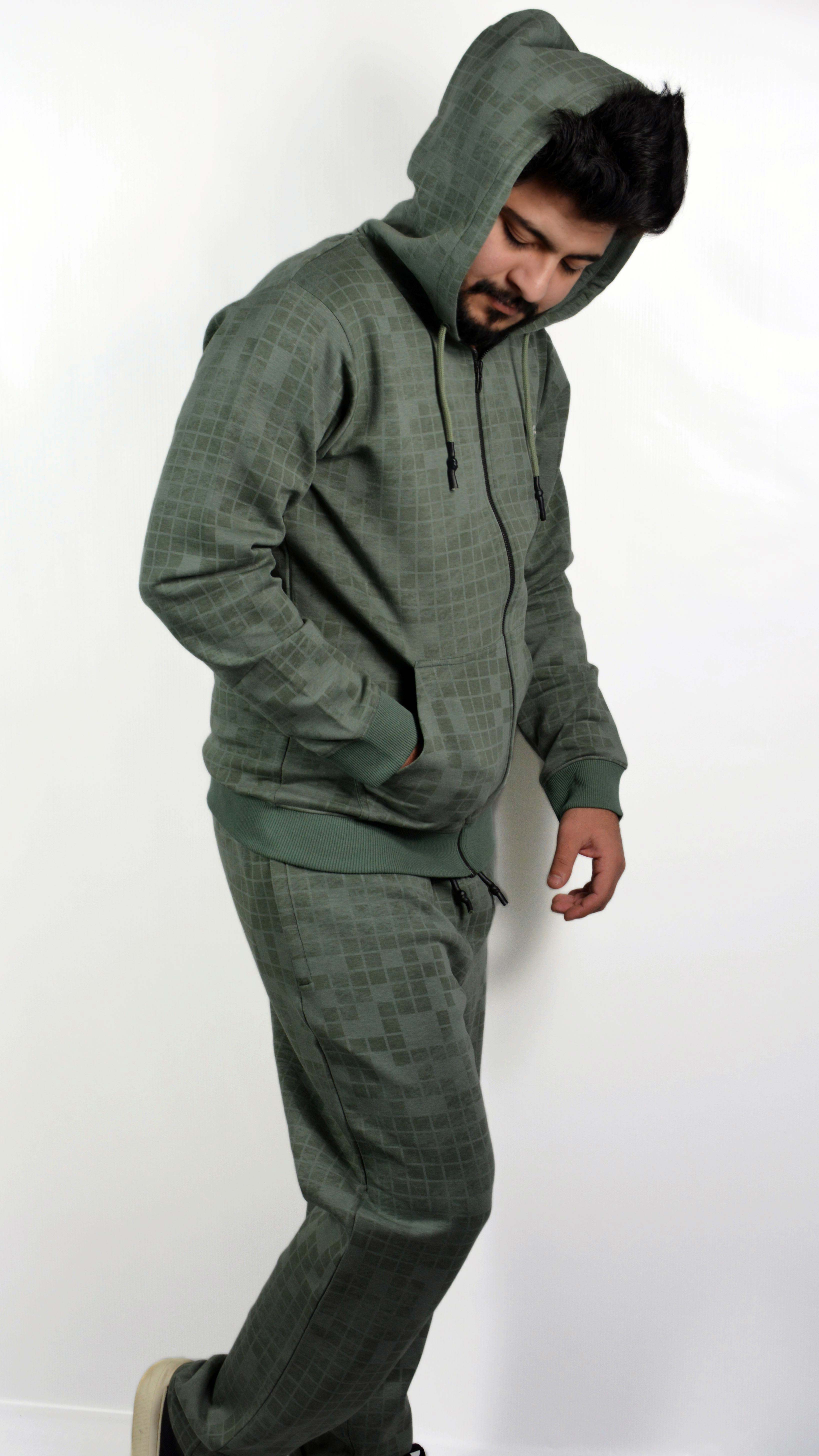 GridWave Matte Green Hoodie Set