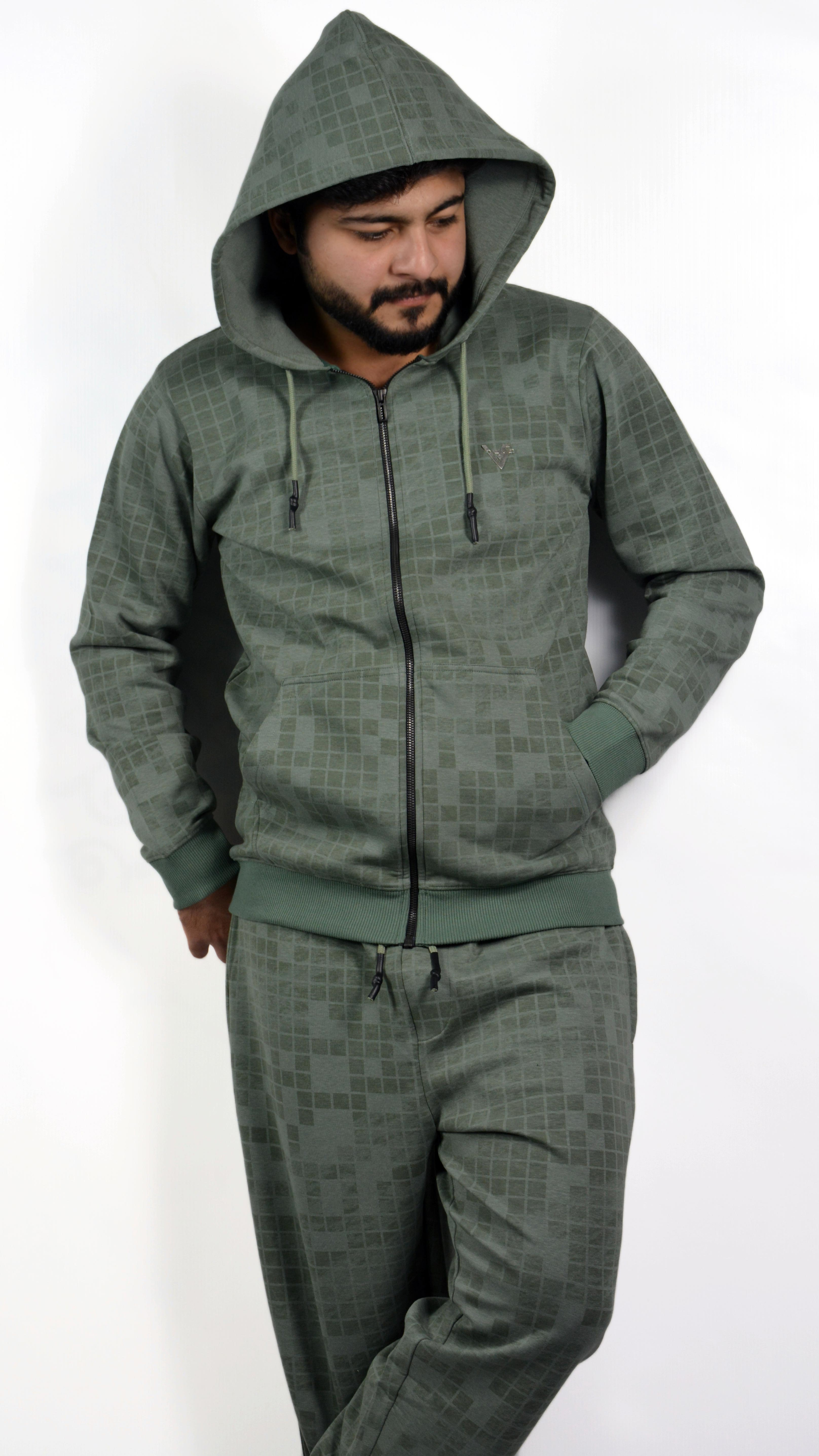 GridWave Matte Green Hoodie Set