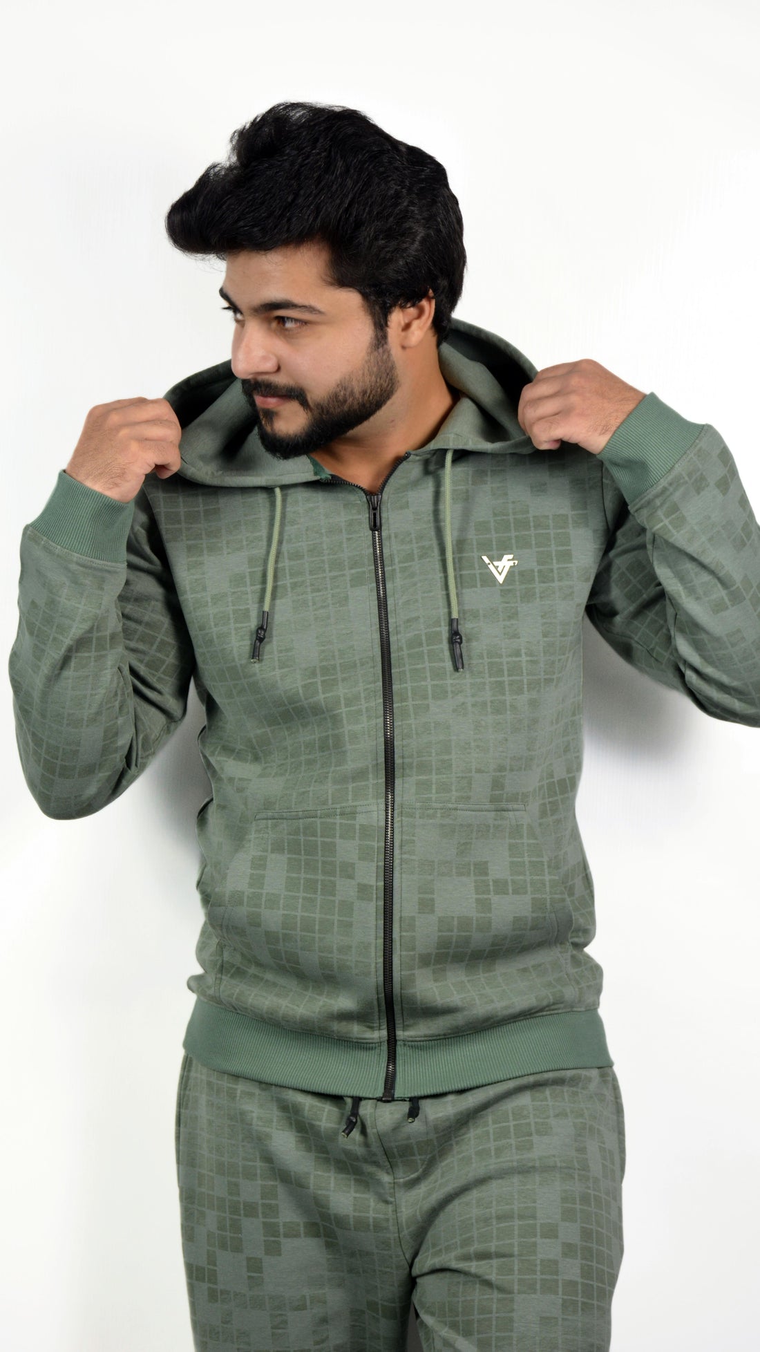GridWave Matte Green Hoodie Set