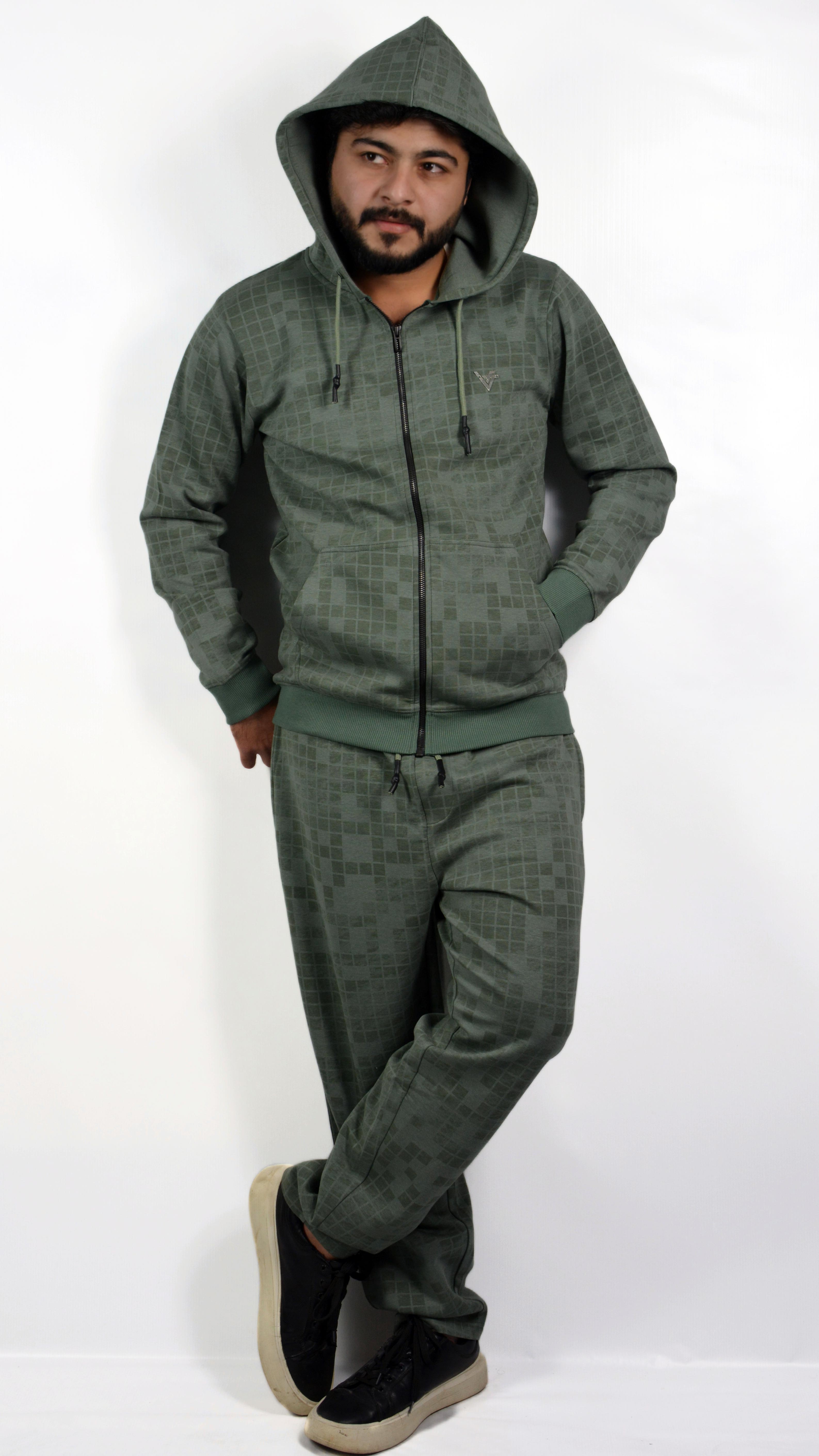 GridWave Matte Green Hoodie Set