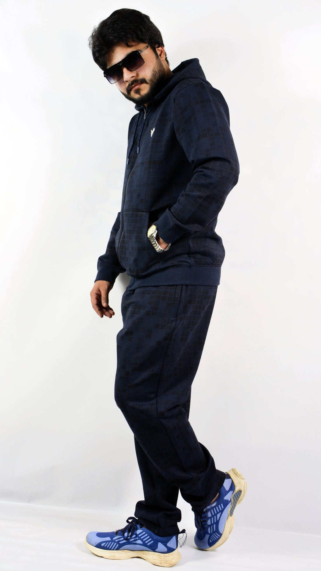 GridWave Navy Hoodie Set