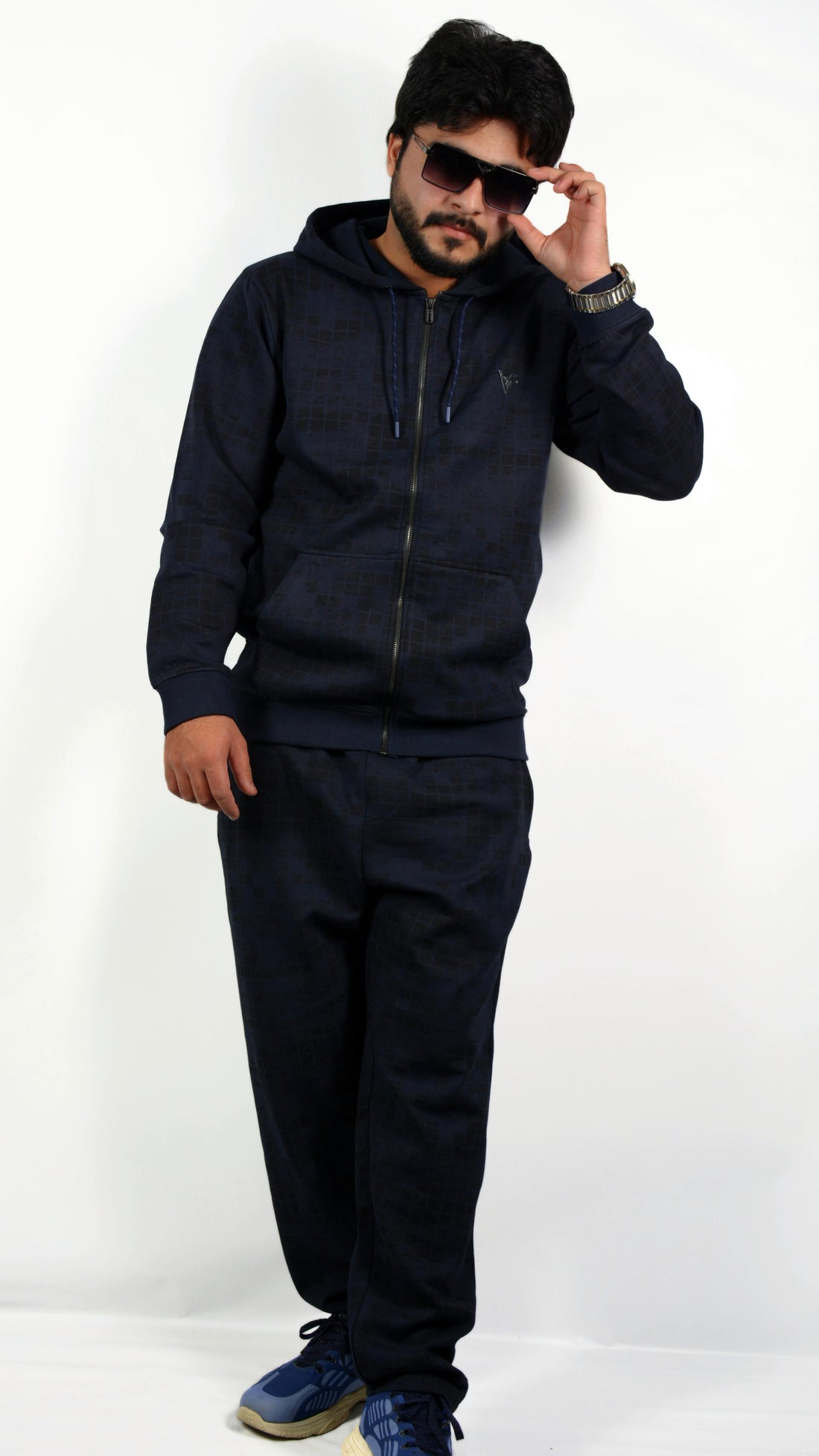 GridWave Navy Hoodie Set