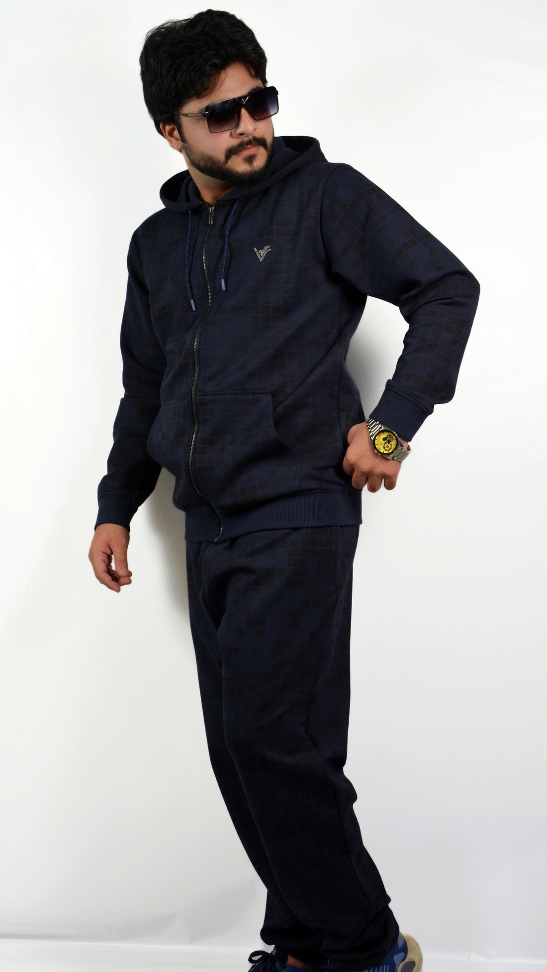 GridWave Navy Hoodie Set