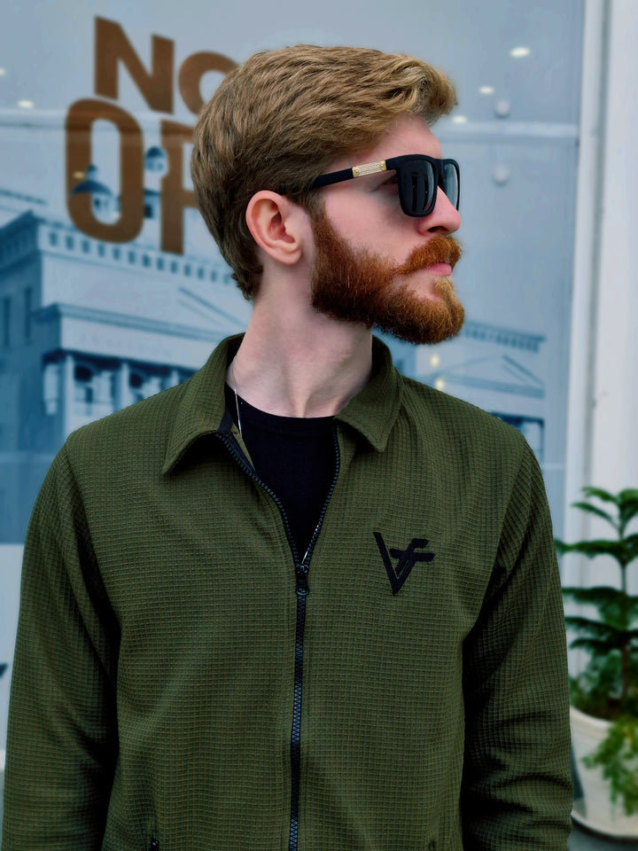 Premium Waffle Olive Green Zipper-Vogue Fashions