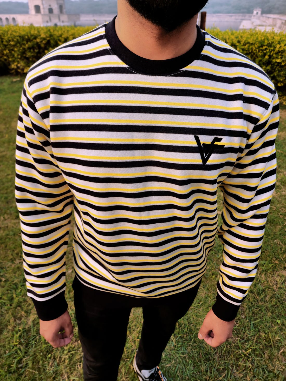 Yellow Glow Sweatshirt with Black Stripes