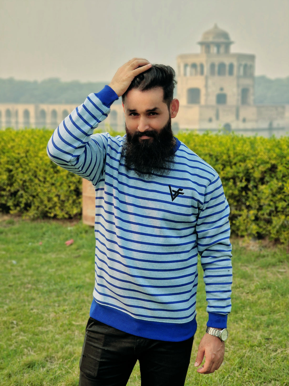 Light Blue Sweat Shirt with Blue Stripes