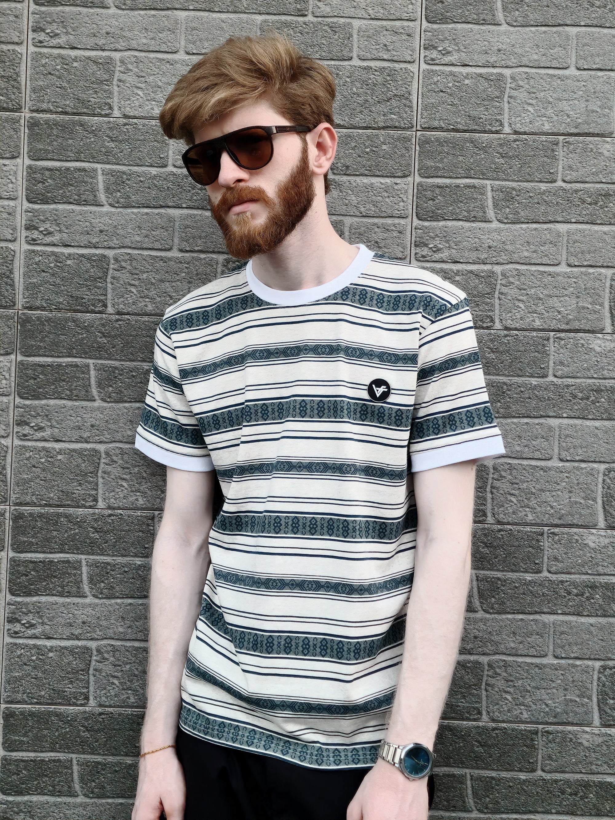 The Emerald Drift Tee – Striped Elegance