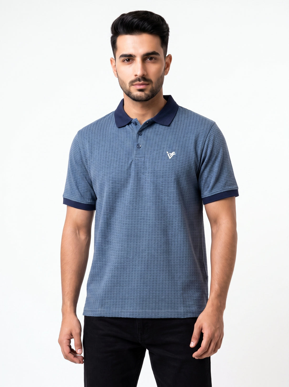 Blue Jacquard Knit Textured Polo