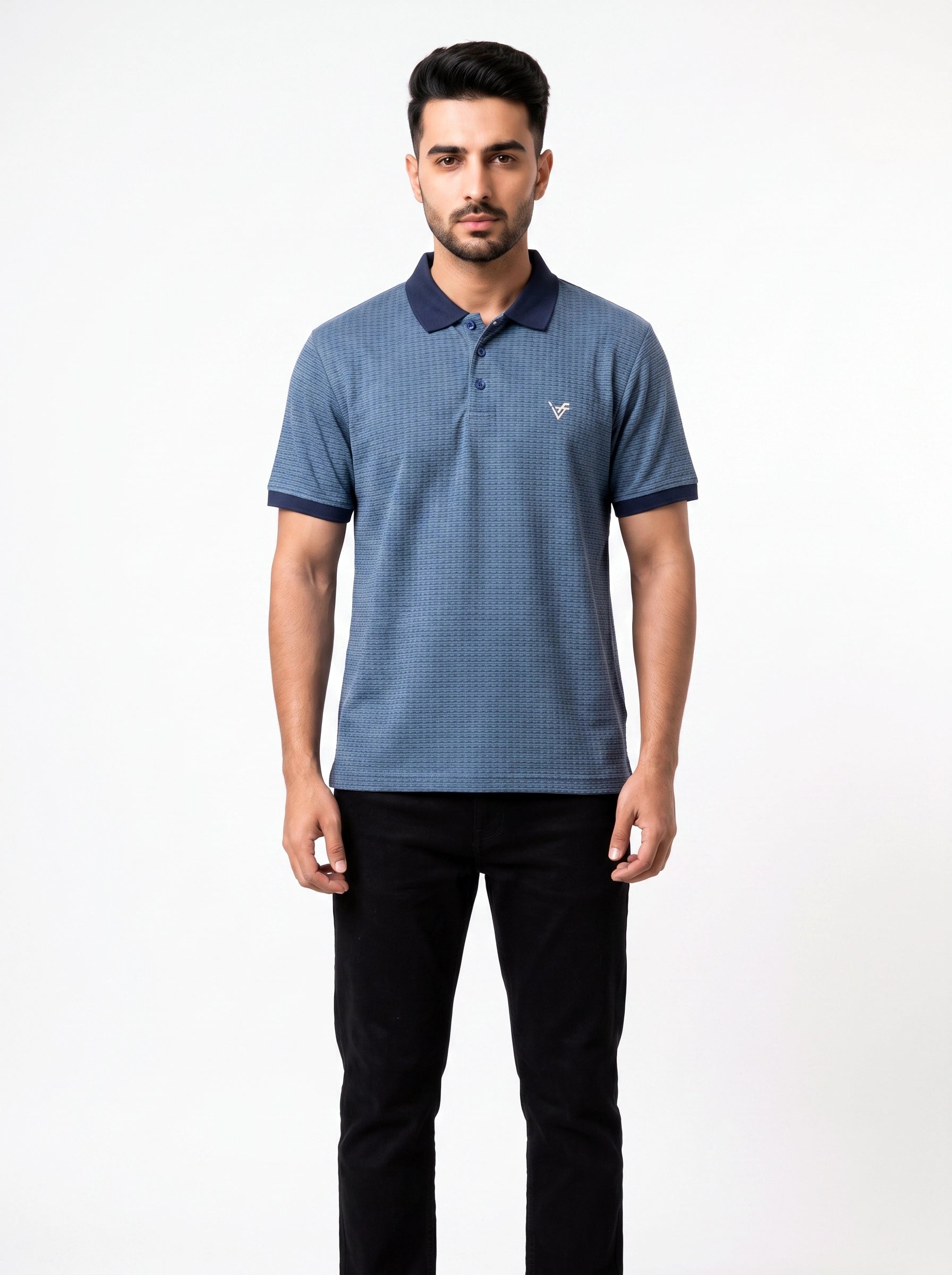 Blue Jacquard Knit Textured Polo