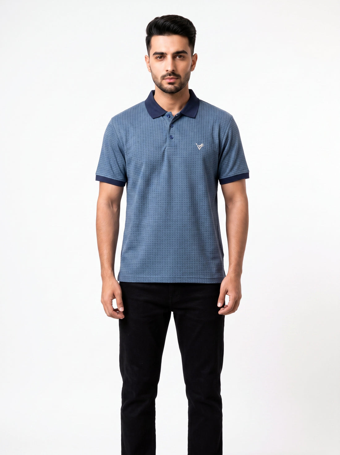 Blue Jacquard Knit Textured Polo